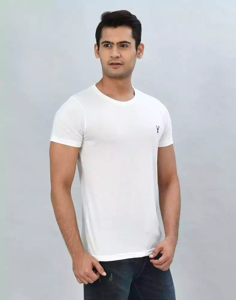 Image of White Round-Neck Slim Fit Men T-Shirt