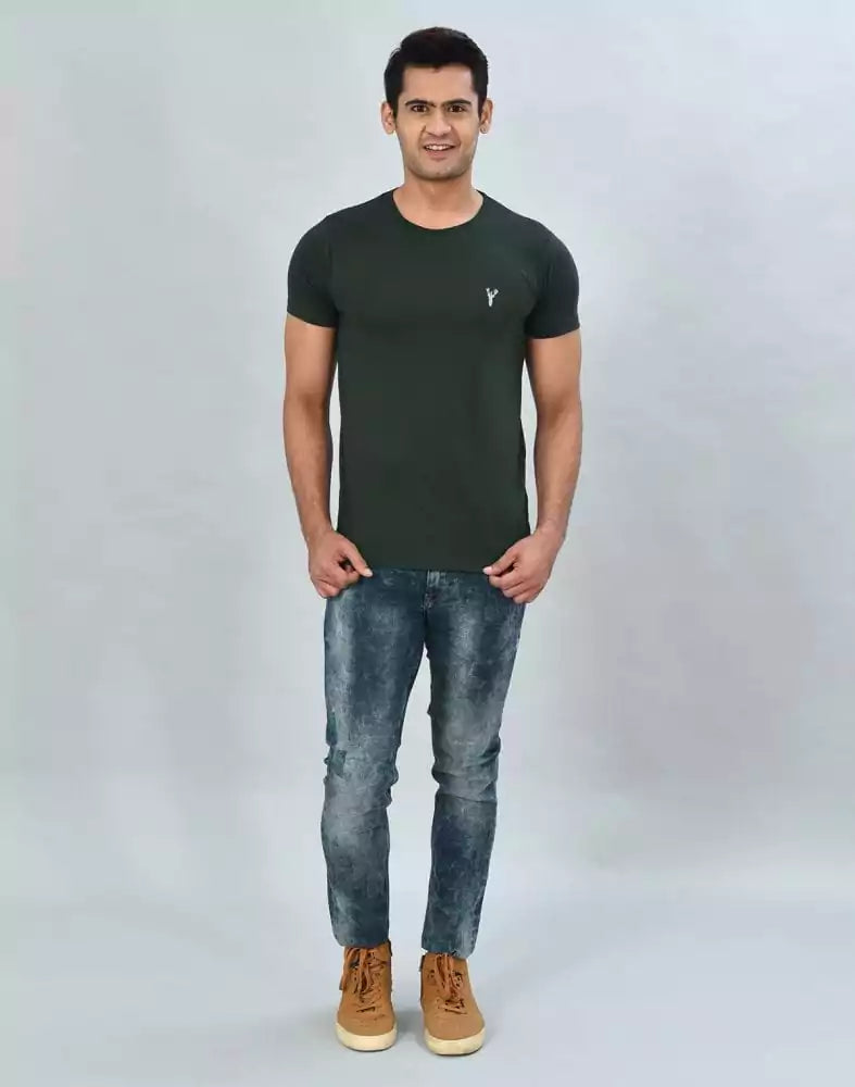 Image of Green Coloured Plain Cotton Men T-Shirt