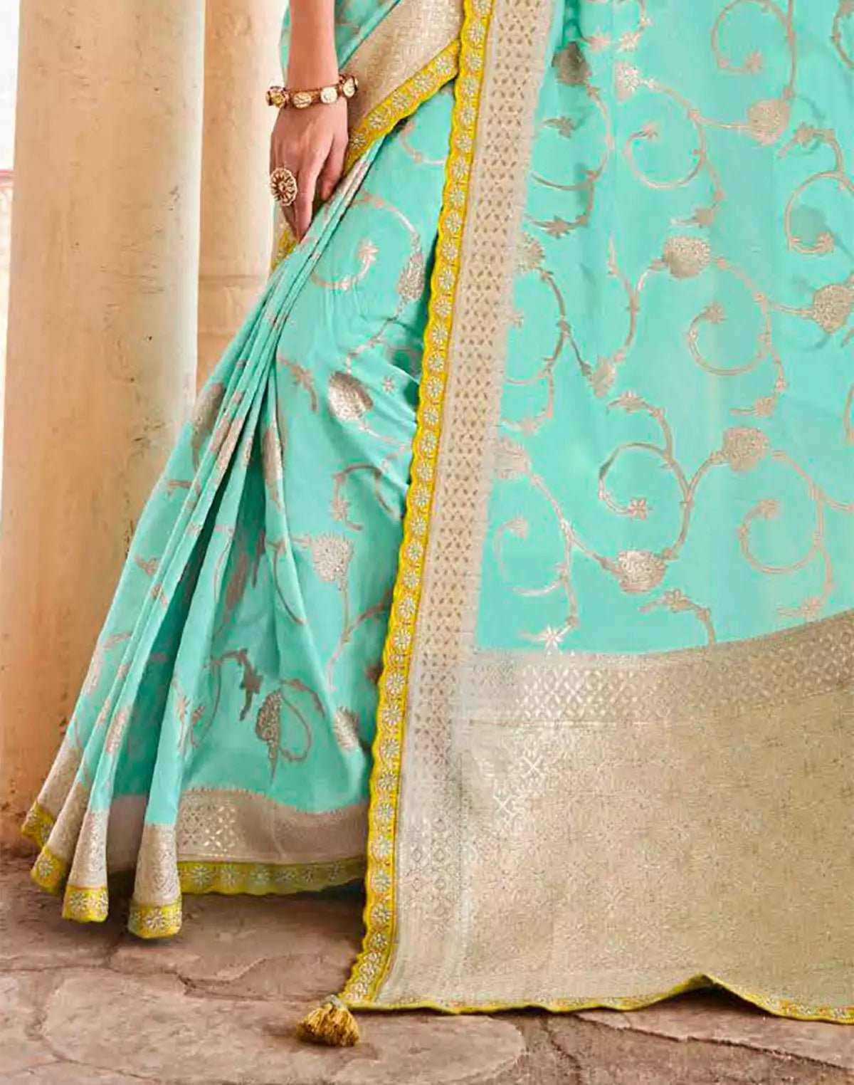 Image of Turquoise Floral Dola Silk Banarasi Saree With Embroidery Blouse - South India Shopping Mall