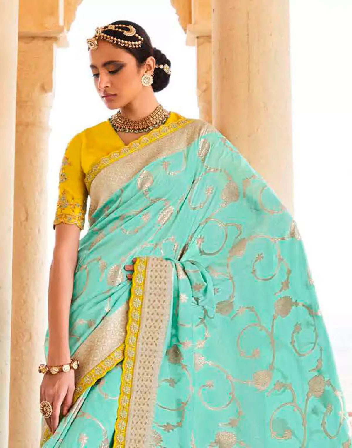 Image of Turquoise Floral Dola Silk Banarasi Saree With Embroidery Blouse - South India Shopping Mall