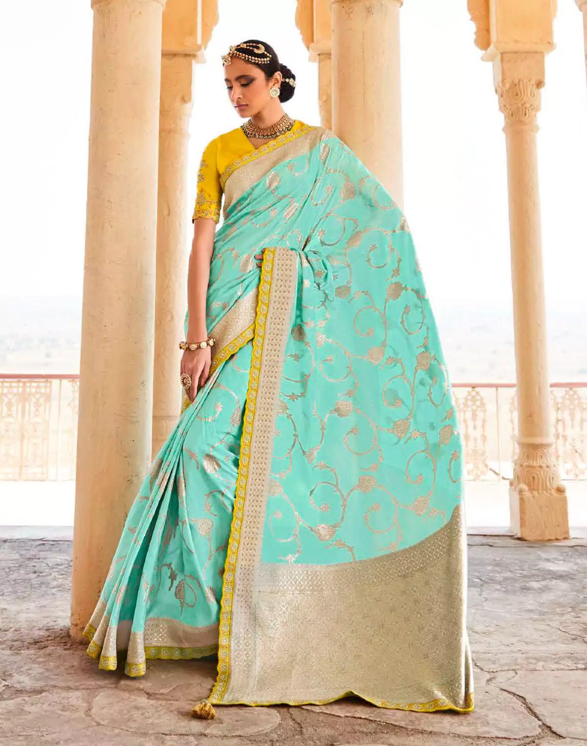 Image of Turquoise Floral Dola Silk Banarasi Saree With Embroidery Blouse - South India Shopping Mall