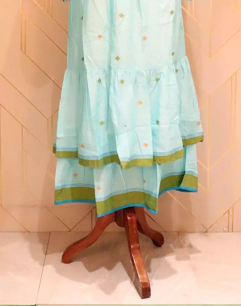 Image of Turquoise Geometric Thread Work Cotton Kurti - South India Shopping Mall