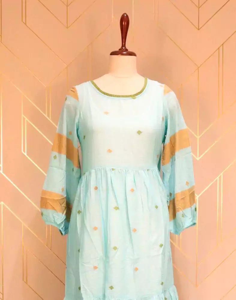 Image of Turquoise Geometric Thread Work Cotton Kurti - South India Shopping Mall