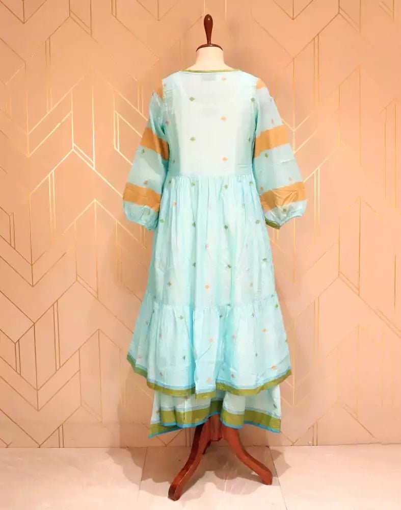 Image of Turquoise Geometric Thread Work Cotton Kurti - South India Shopping Mall