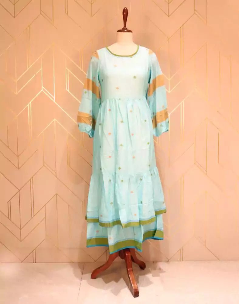 Image of Turquoise Geometric Thread Work Cotton Kurti - South India Shopping Mall
