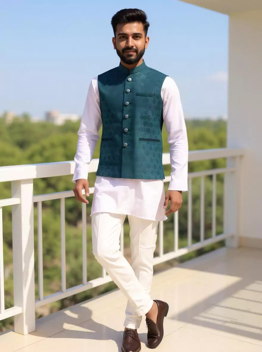 Image of Captivating Rama Self Woven Jacquard Waistcoat for Men