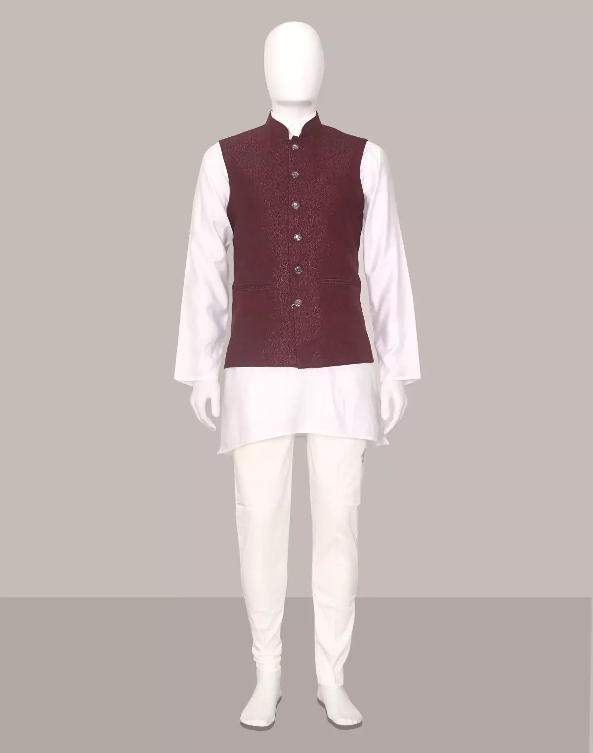 Image of Maroon Self Imperial Patterned Jacquard Waistcoat