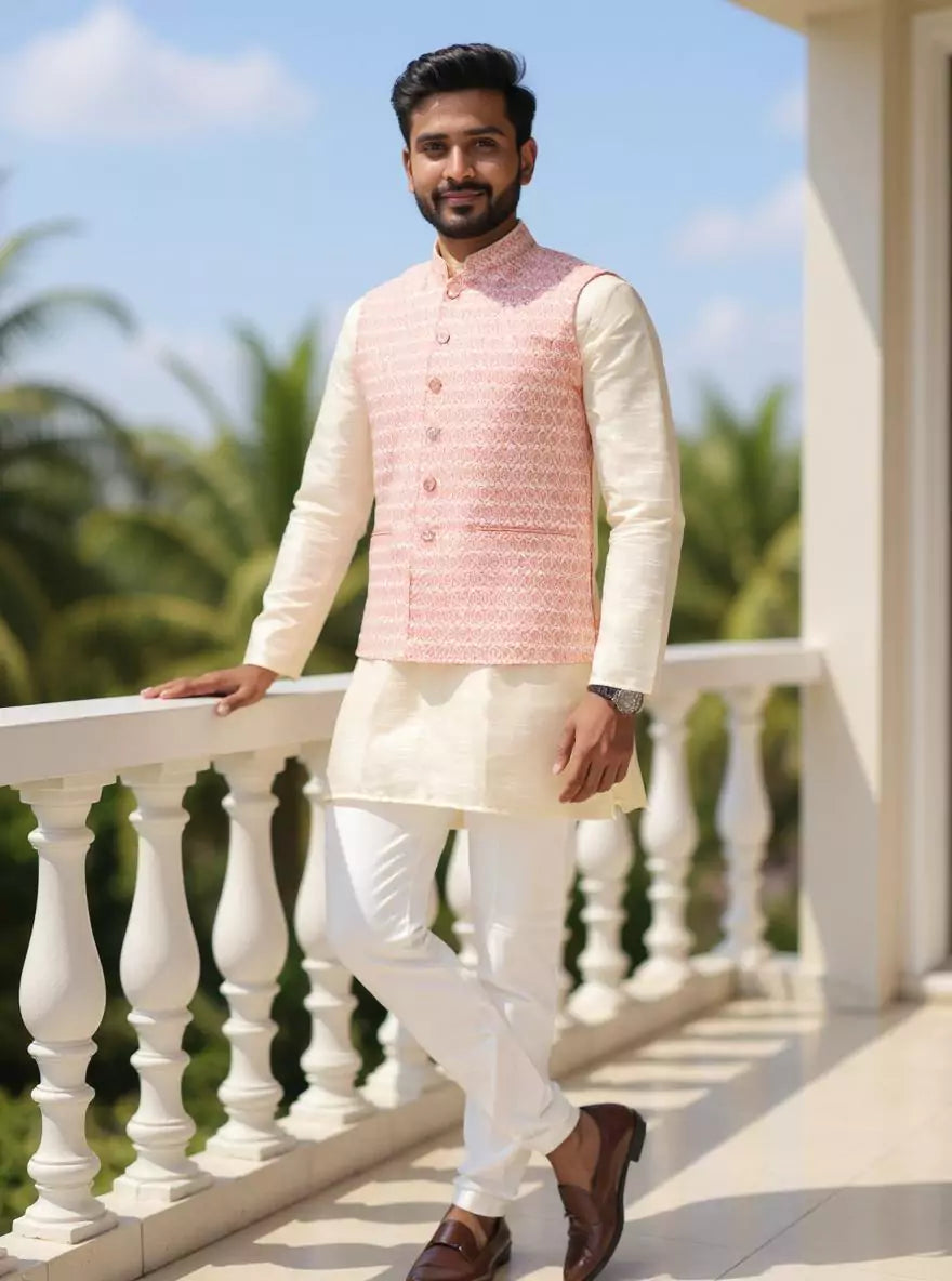 Image of Peach Floral Jaal Embellished Cotton Silk Waistcoat