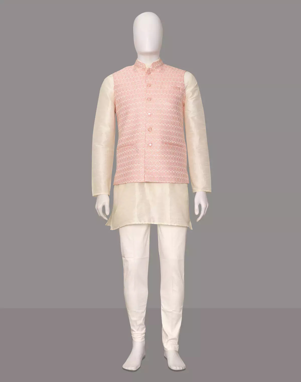Image of Peach Floral Jaal Embellished Cotton Silk Waistcoat
