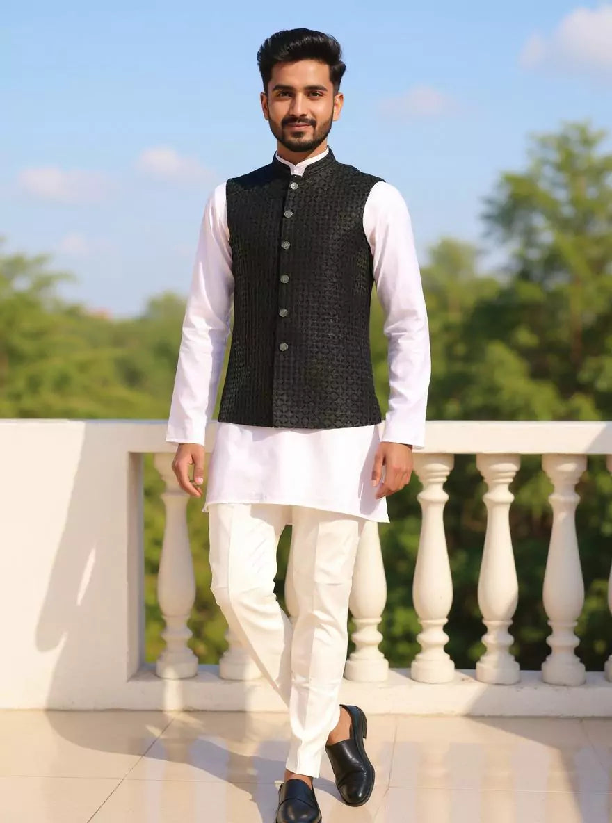 Image of Mehendi Self Design Lucknowi Chikankari work Waistcoat