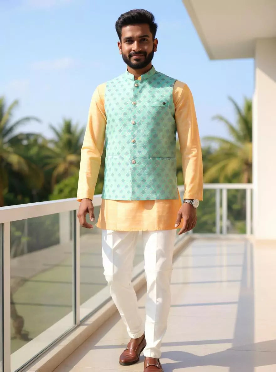 Image of Pista Floral Imperial Jaal Cotton Silk Waistcoat
