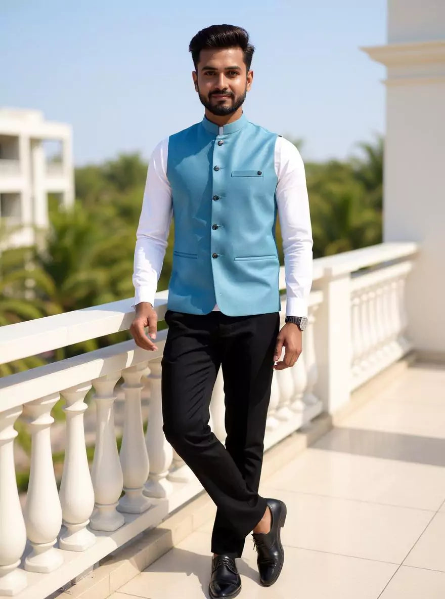Image of Sky Coloured Textured Polyester Waistcoat