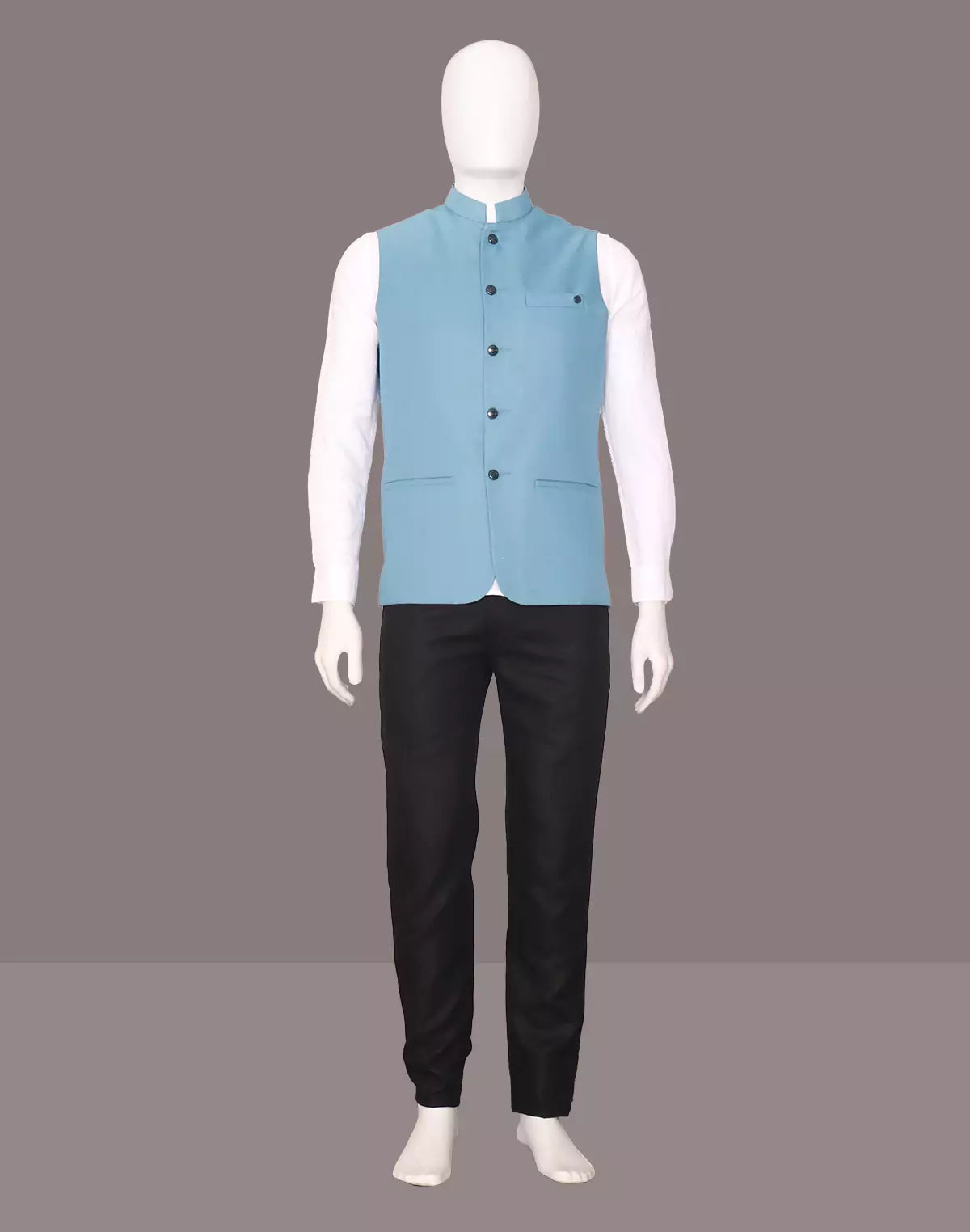 Image of Sky Coloured Textured Polyester Waistcoat
