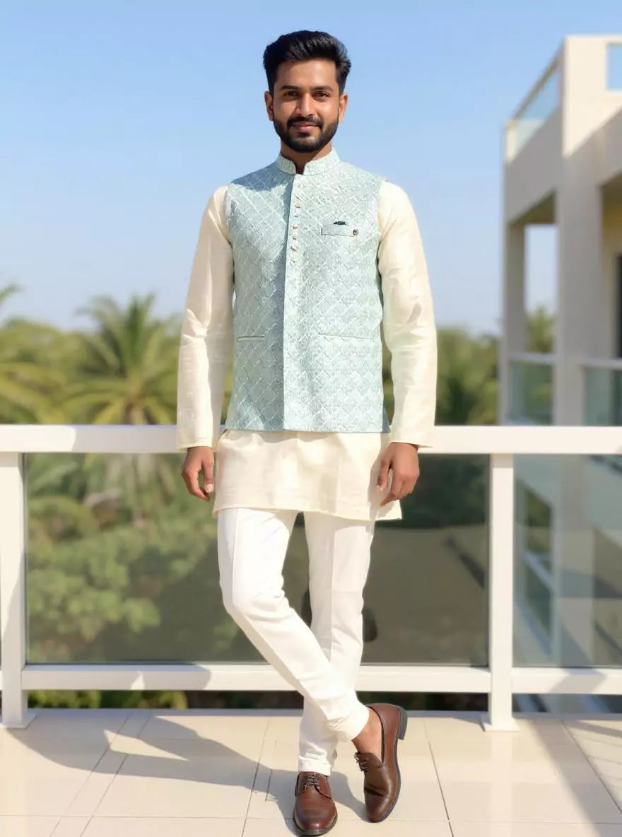 Image of Pista Floral Patterned Cotton Silk Waistcoat with Thread Embroidery