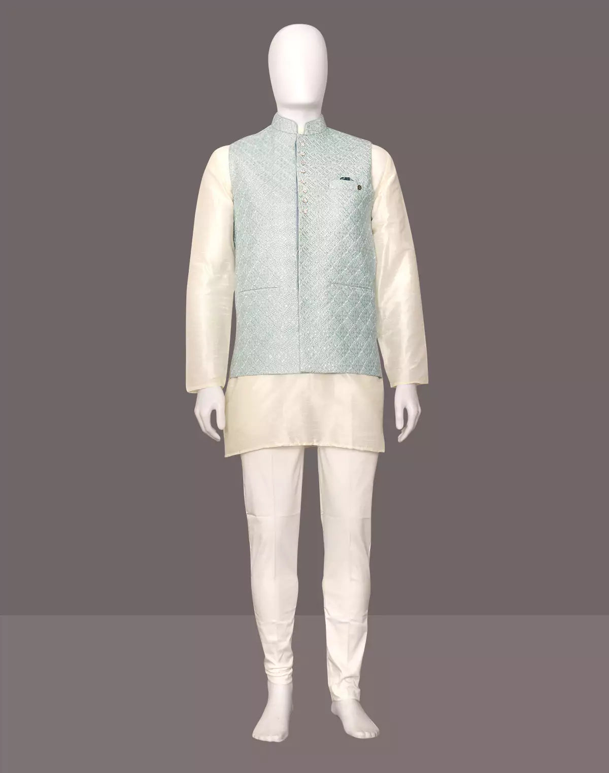 Image of Pista Floral Patterned Cotton Silk Waistcoat with Thread Embroidery
