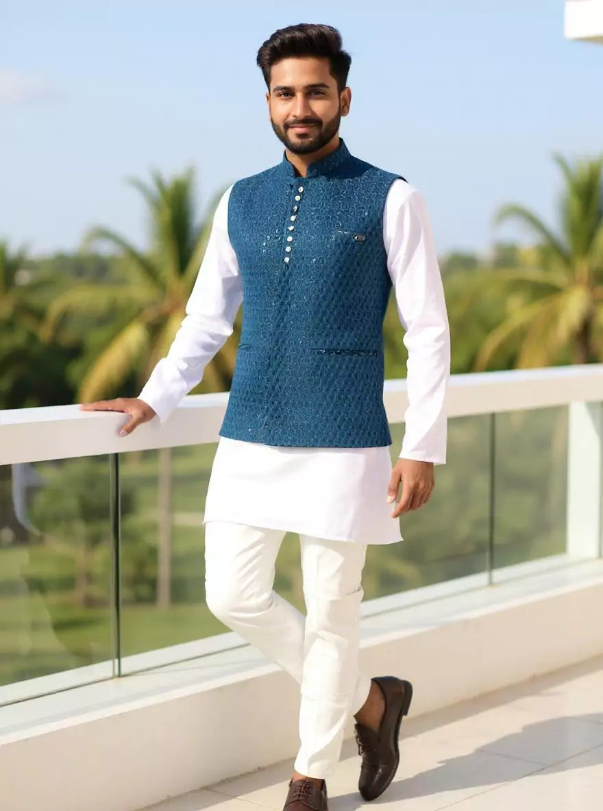 Image of Thread with Embellished Rama Self Design Cotton Silk Waistcoat