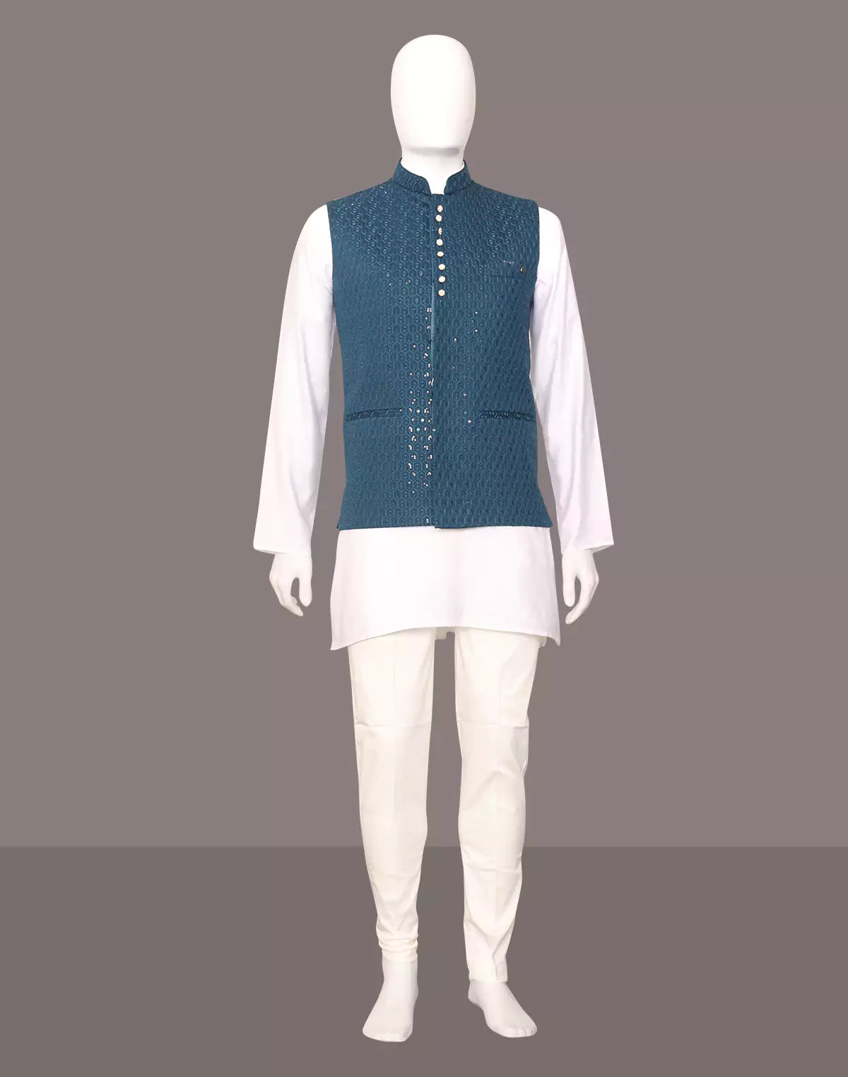 Image of Thread with Embellished Rama Self Design Cotton Silk Waistcoat