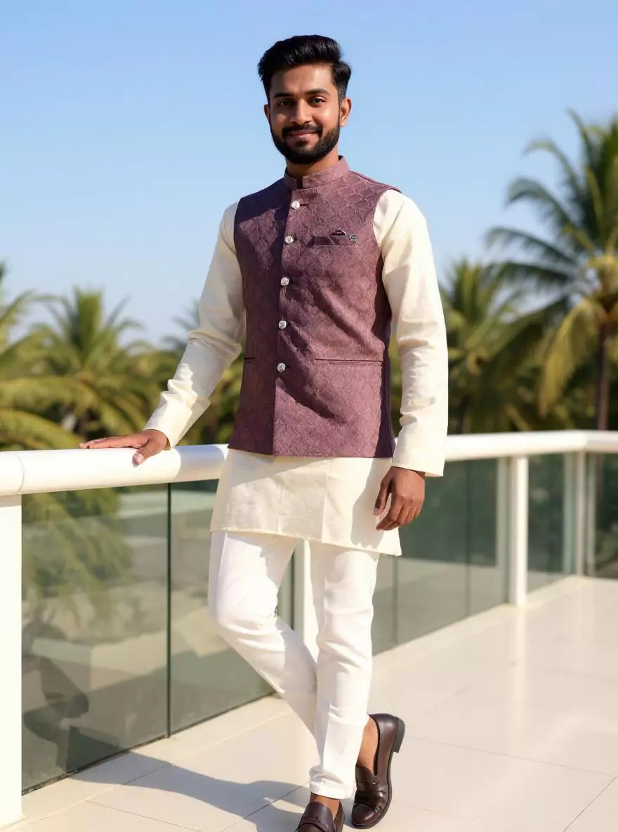 Image of Dark Onion Self Brocade Design Jacquard Waistcoat