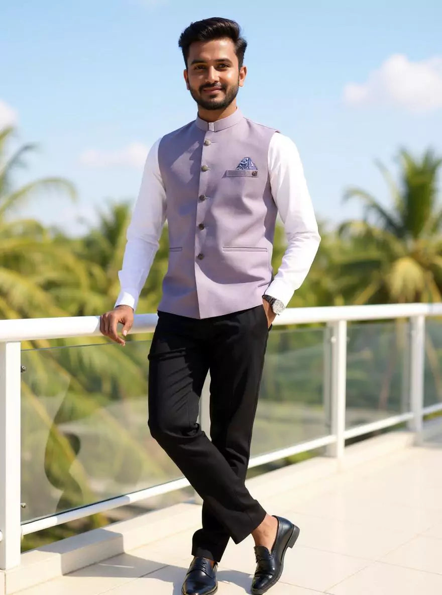 Image of Light Purple Textured Polyester Waistcoat