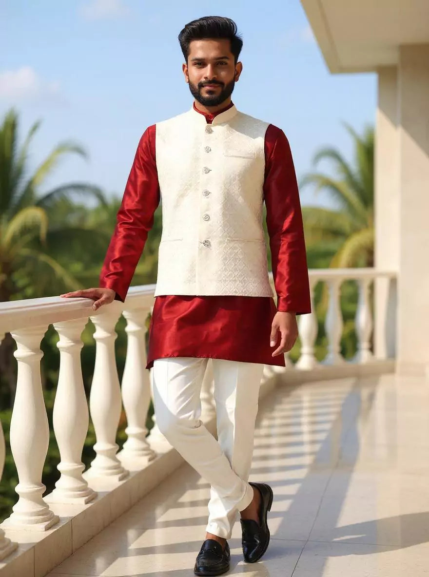 Image of Royal Cream Self Weaving Jacquard Waistcoat