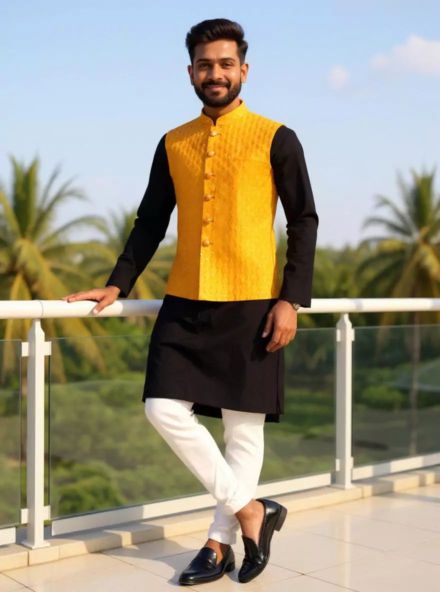 Image of Yellow Floral Thread work Cotton Silk Waistcoat