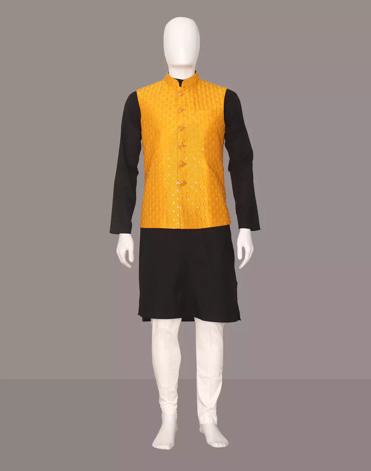 Image of Yellow Floral Thread work Cotton Silk Waistcoat