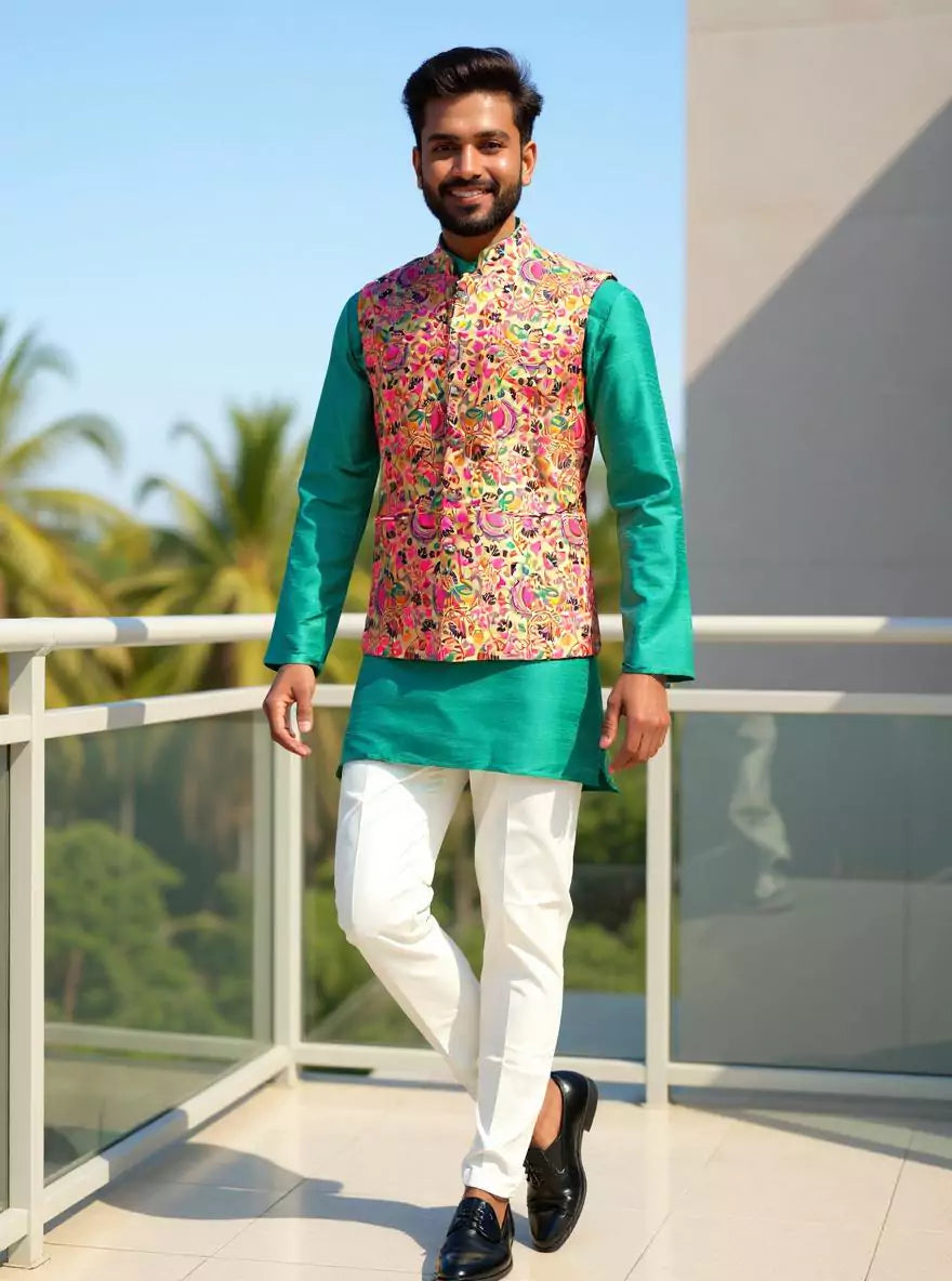 Image of Gold Floral Paithani Design Brocade Waistcoat