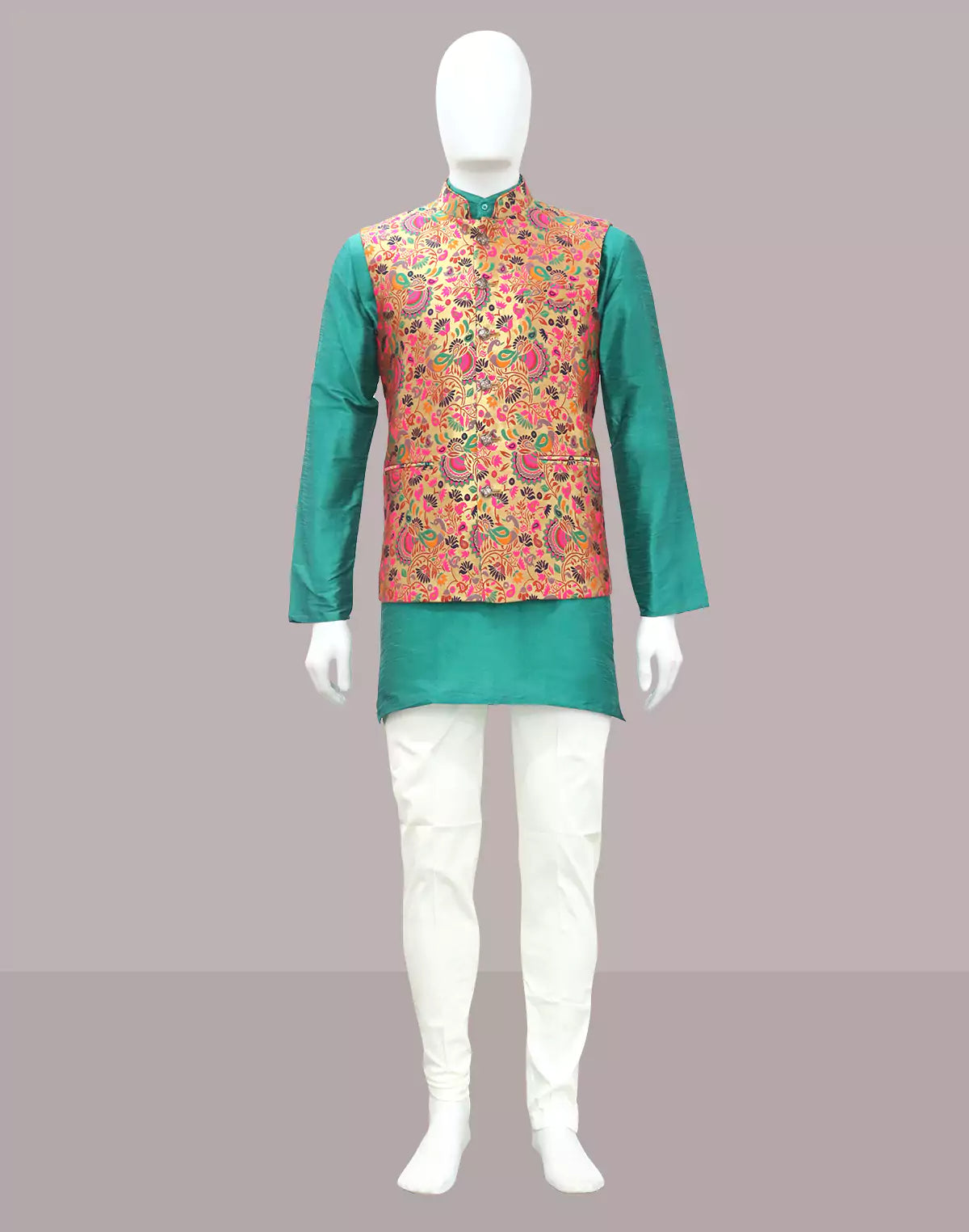Image of Gold Floral Paithani Design Brocade Waistcoat