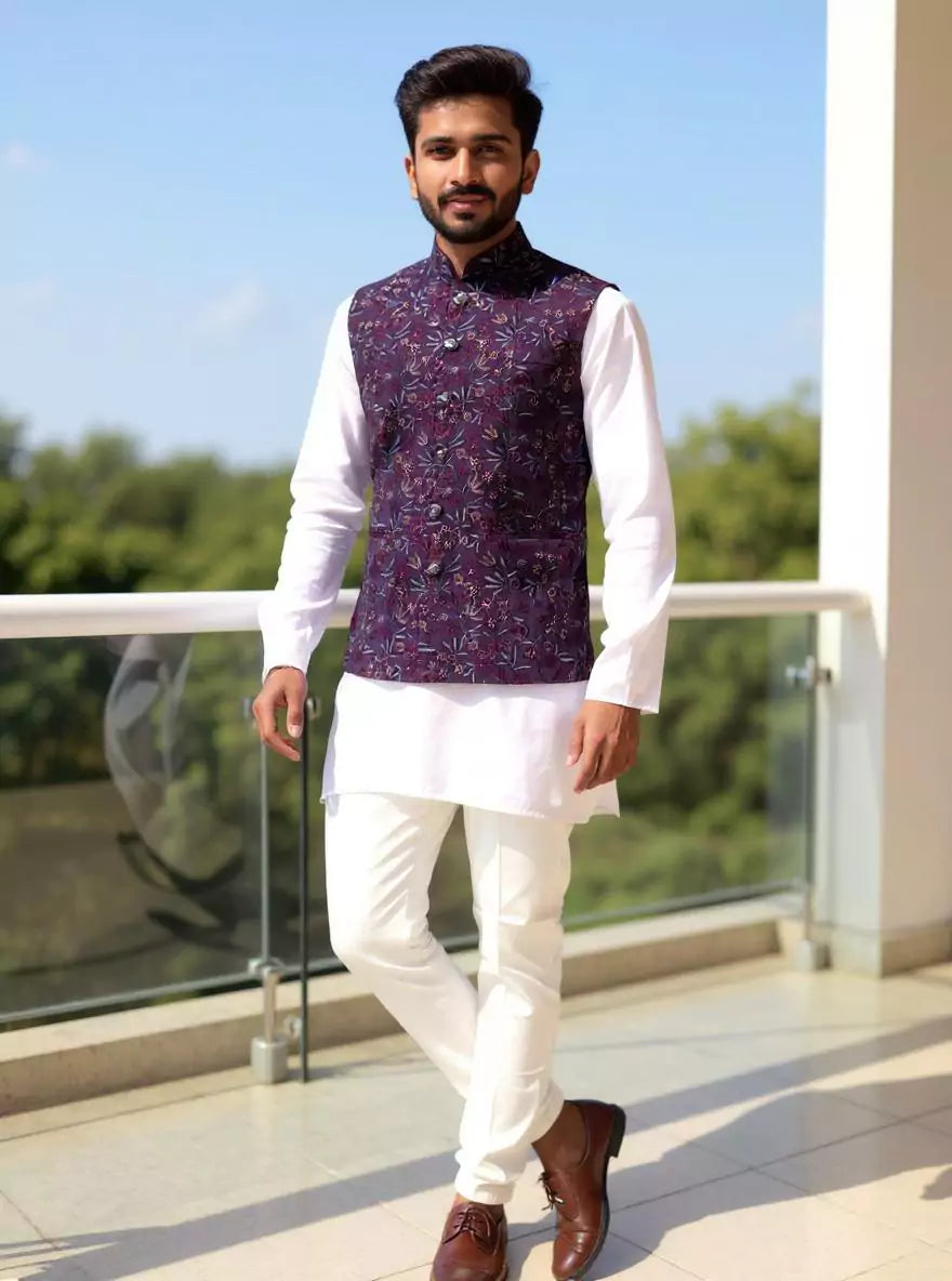 Image of Bel Buti Patterned Purple Multi Embroidery Cotton Silk Waistcoat