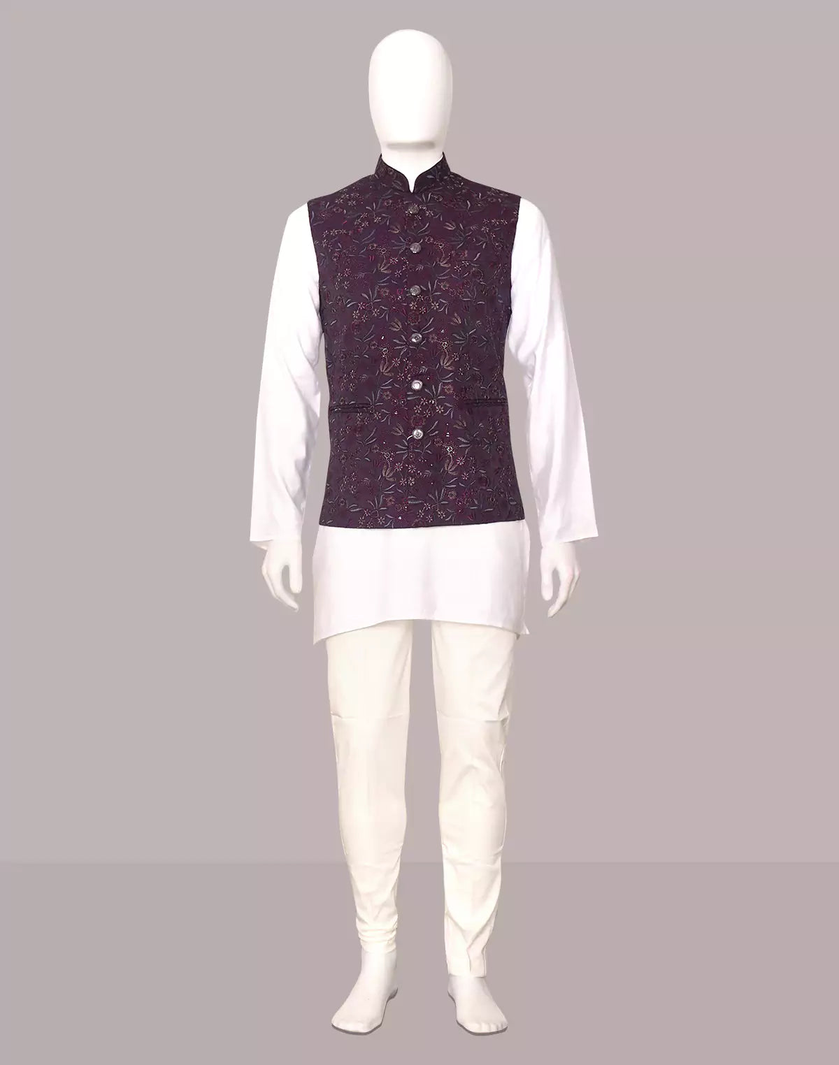 Image of Bel Buti Patterned Purple Multi Embroidery Cotton Silk Waistcoat