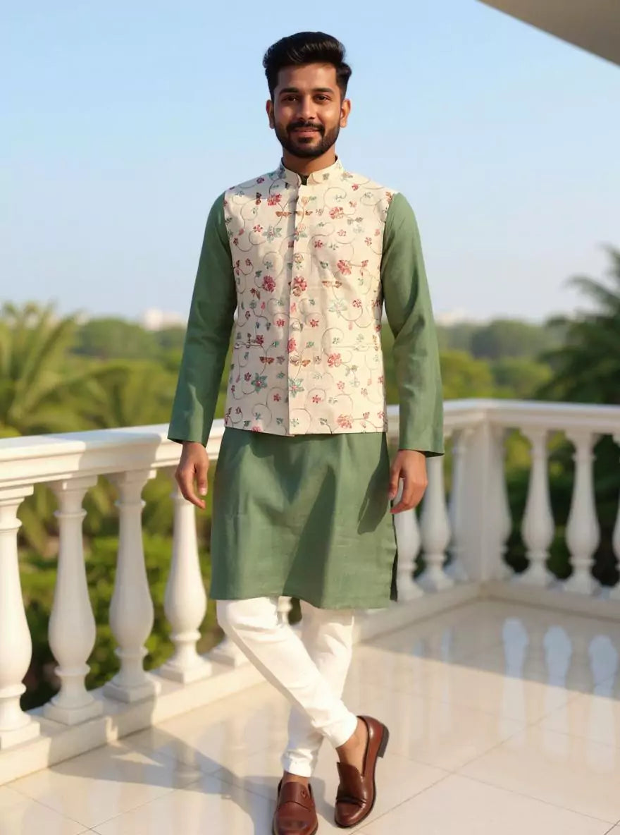 Image of Cream Bel Buti Patterned Linen Multi Embroidery Waistcoat