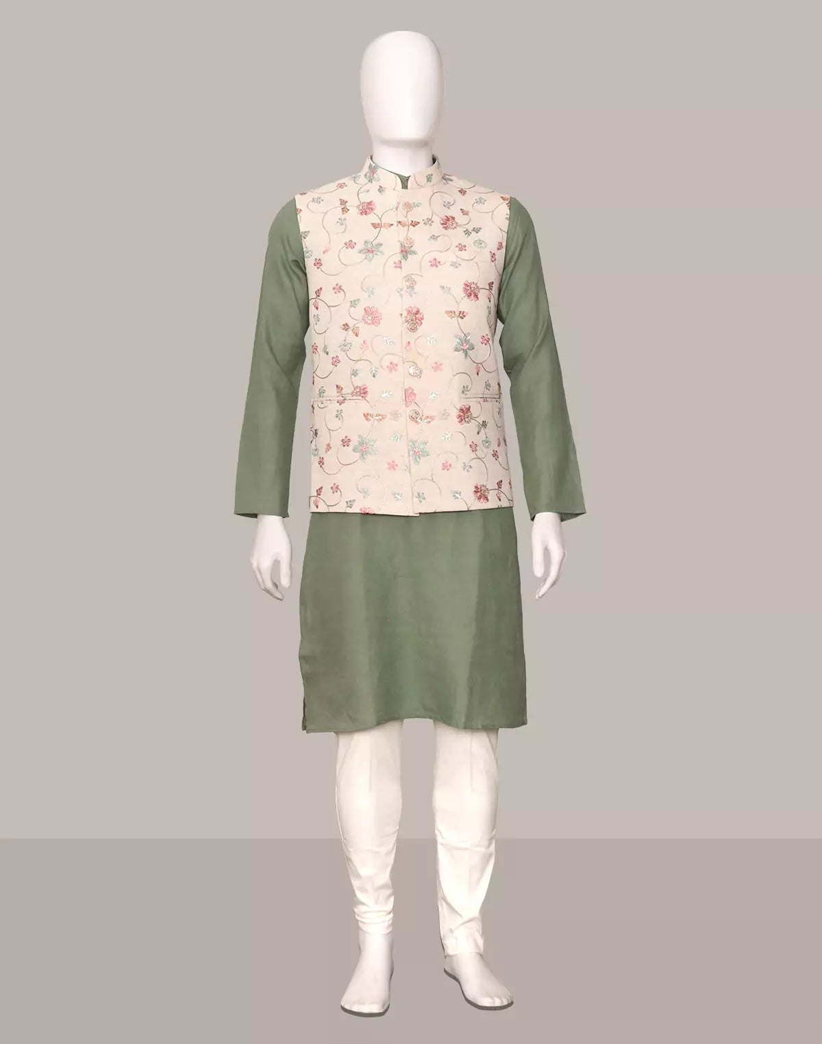 Image of Cream Bel Buti Patterned Linen Multi Embroidery Waistcoat