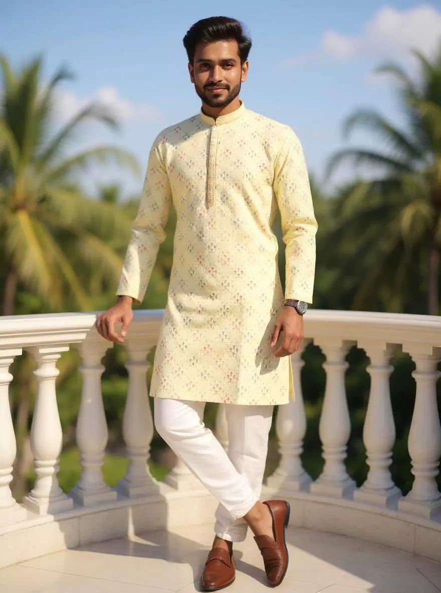 Image of Vibrant Lemon Floral Design Embroidery work Cotton Silk Kurta Pyjama Set - South India Shopping Mall