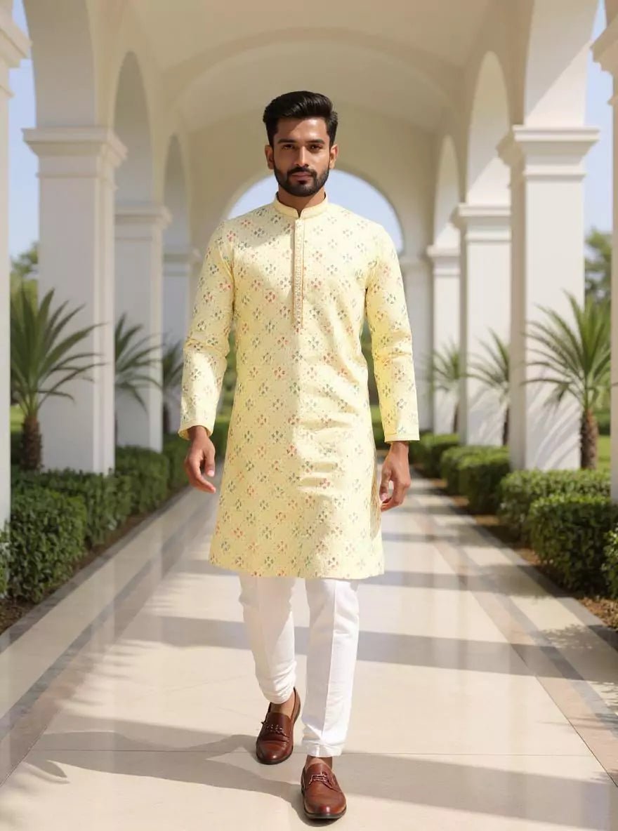 Image of Vibrant Lemon Floral Design Embroidery work Cotton Silk Kurta Pyjama Set - South India Shopping Mall