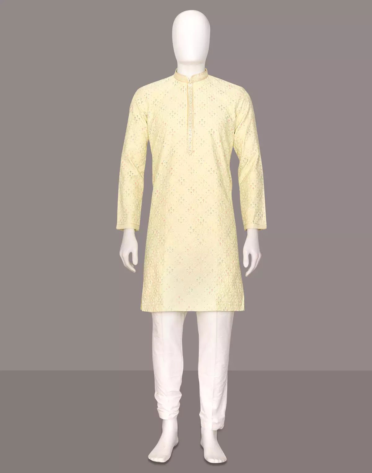 Image of Vibrant Lemon Floral Design Embroidery work Cotton Silk Kurta Pyjama Set - South India Shopping Mall