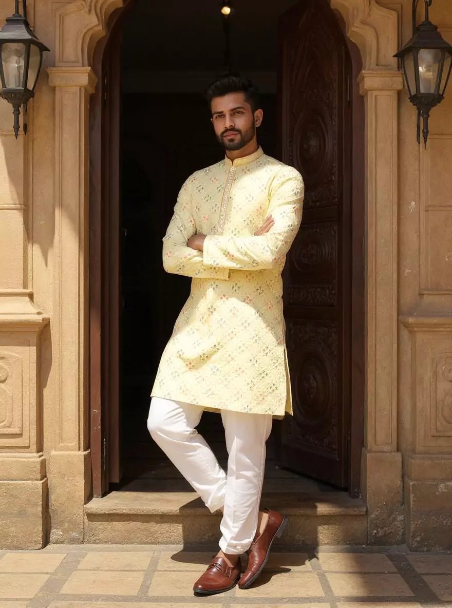 Image of Vibrant Lemon Floral Design Embroidery work Cotton Silk Kurta Pyjama Set - South India Shopping Mall