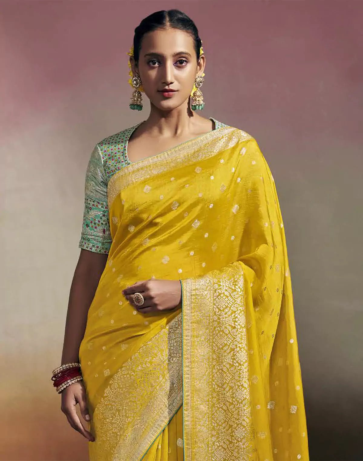Vibrant Yellow Colour Dola Silk Saree With Contrast Blouse - South India Shopping Mall