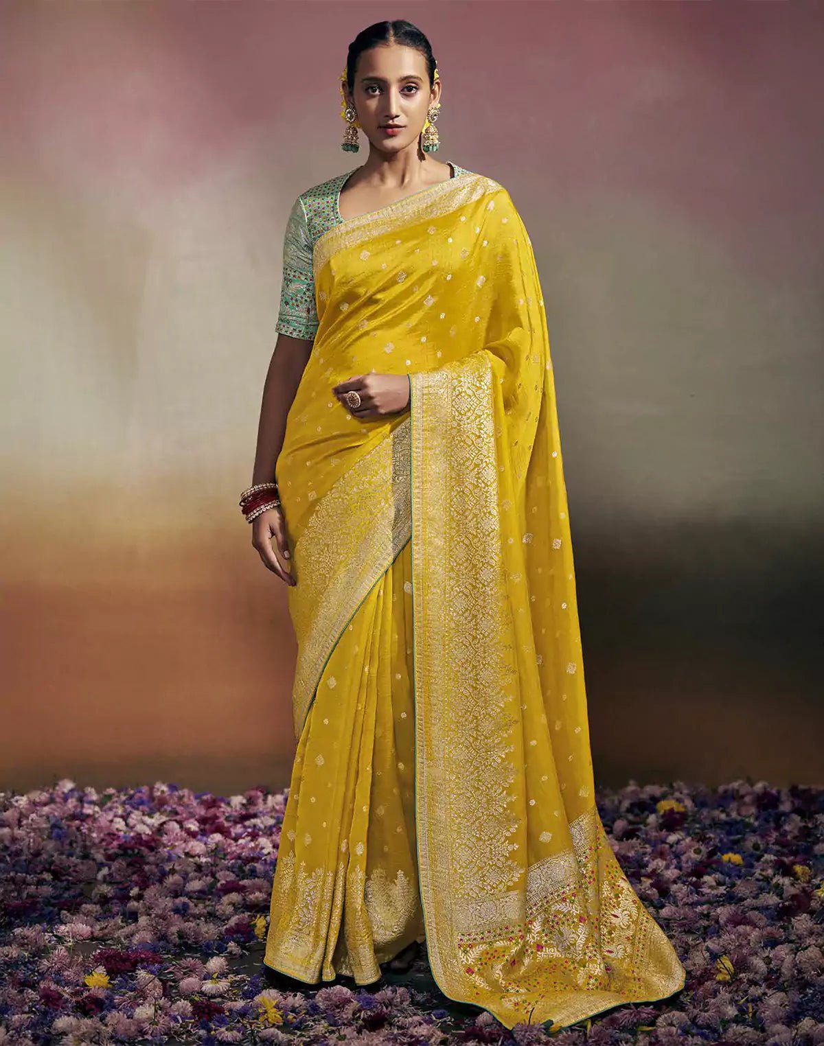 Image of Vibrant Yellow Colour Dola Silk Saree With Contrast Blouse - South India Shopping Mall