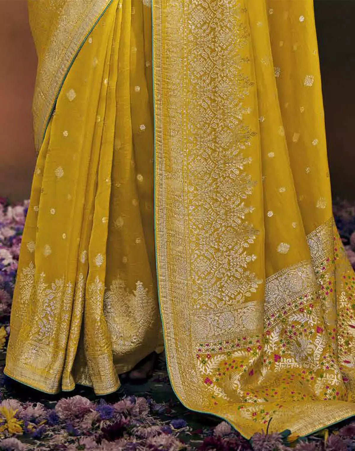 Image of Vibrant Yellow Colour Dola Silk Saree With Contrast Blouse - South India Shopping Mall