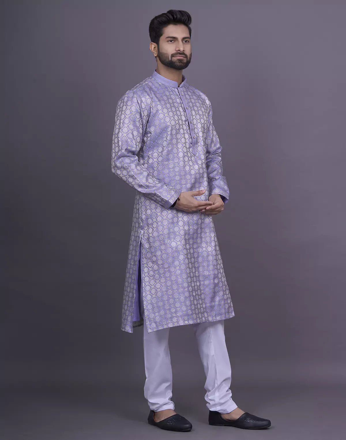 Image of Violet Brocade Design Weaving Jacquard Kurta with Pyjama - South India Shopping Mall