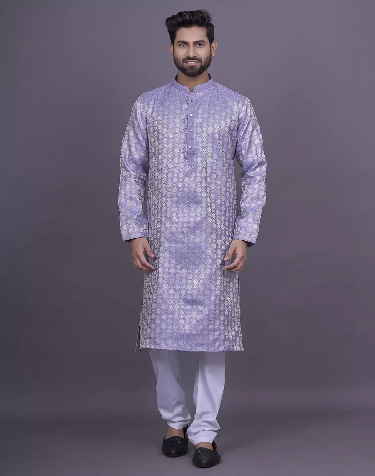 Image of Violet Brocade Design Weaving Jacquard Kurta with Pyjama - South India Shopping Mall