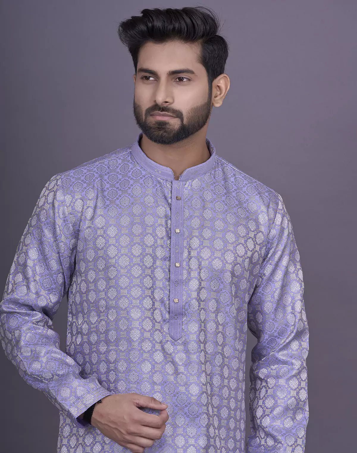 Image of Violet Brocade Design Weaving Jacquard Kurta with Pyjama - South India Shopping Mall