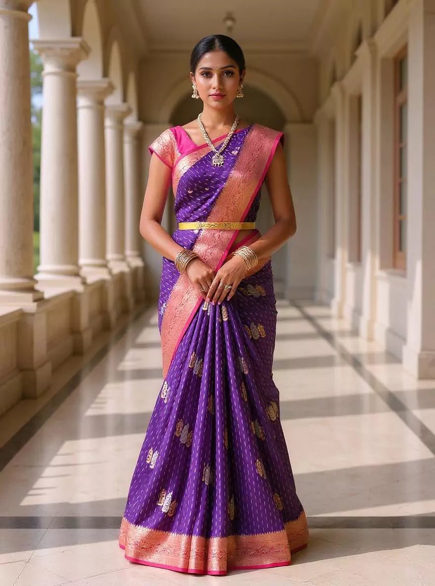 Violet Floral Gold and Silver Zari Banaras Chinon Silk Contrast Saree - South India Shopping Mall