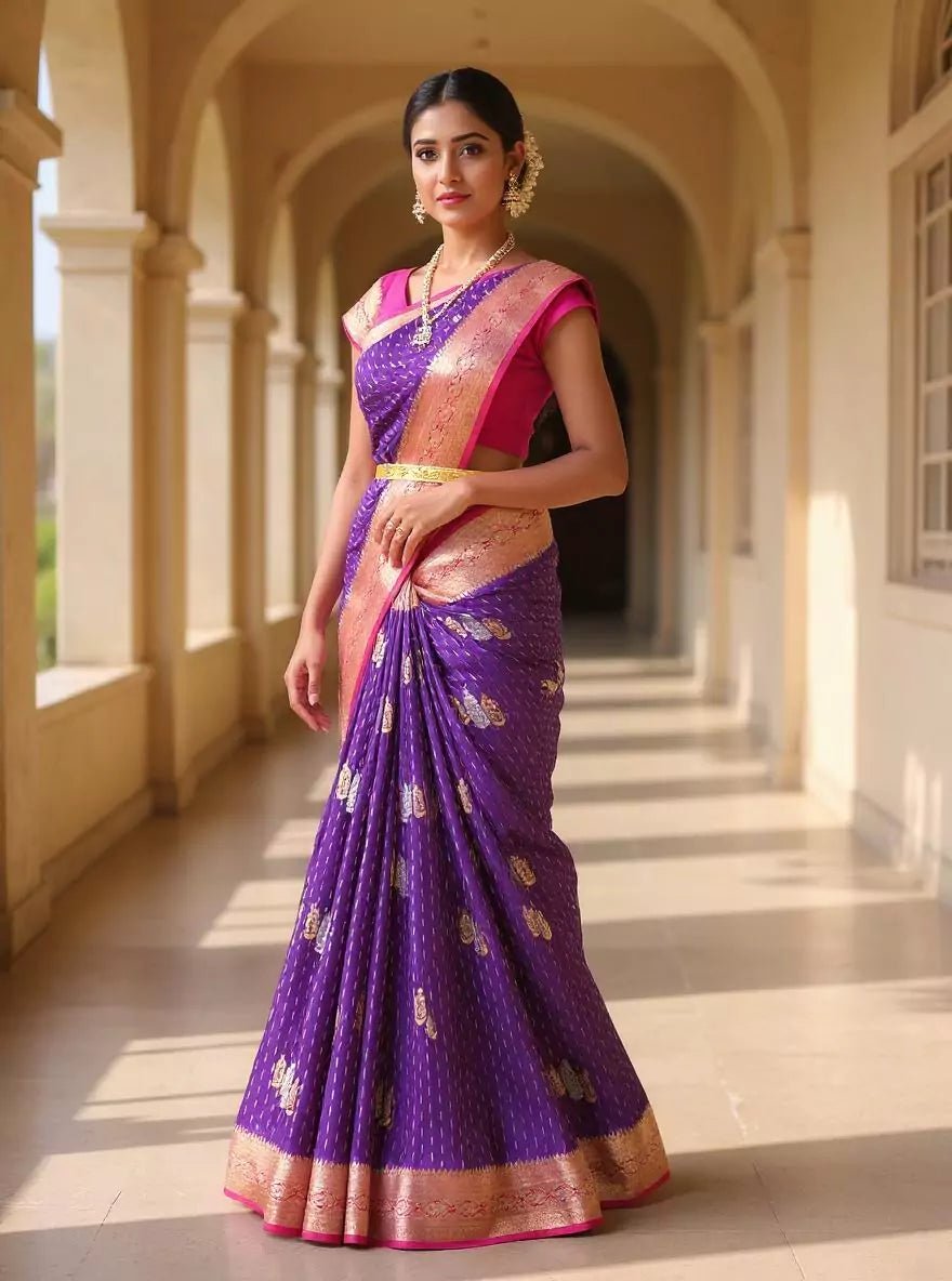 Image of Violet Floral Gold and Silver Zari Banaras Chinon Silk Contrast Saree - South India Shopping Mall