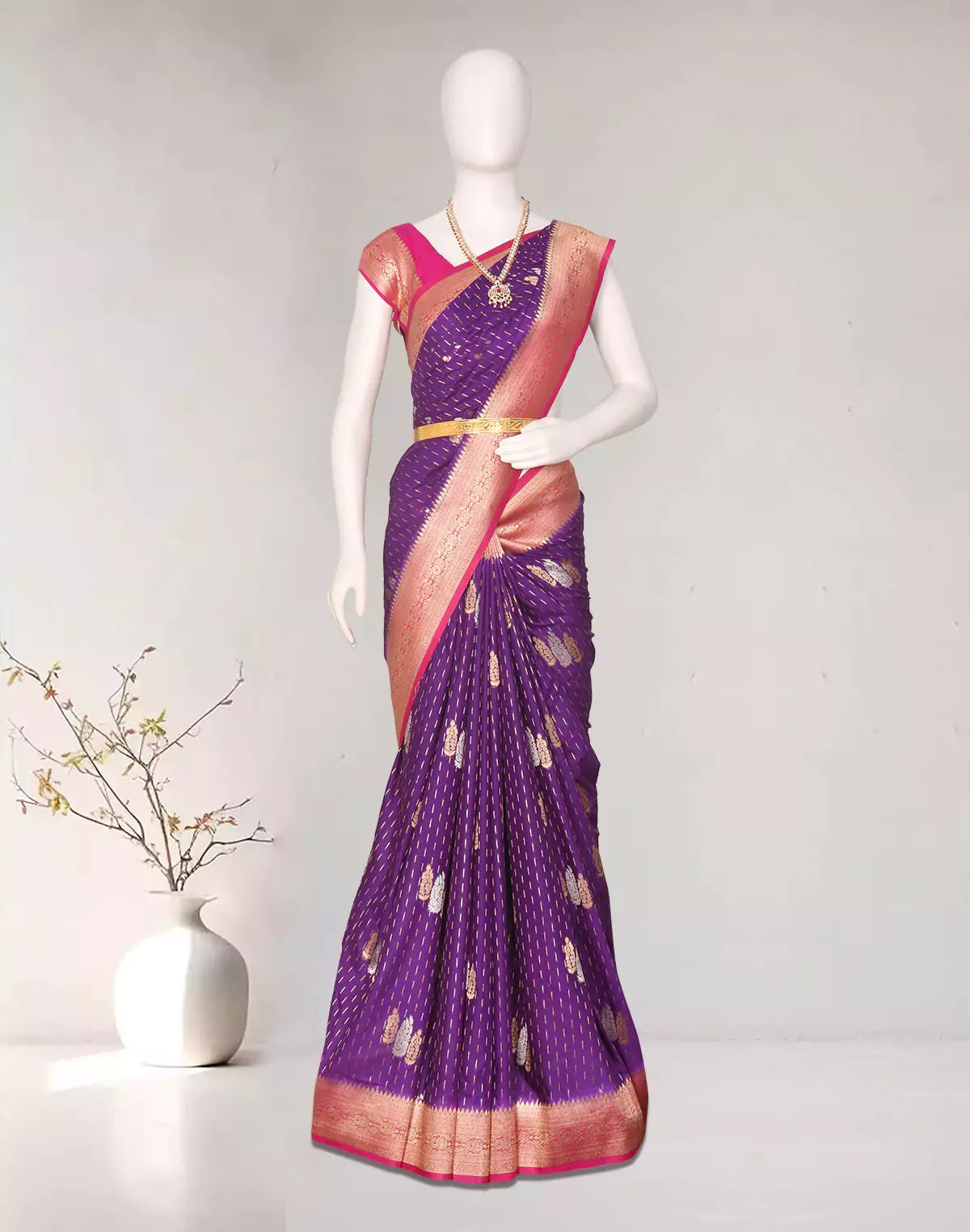 Image of Violet Floral Gold and Silver Zari Banaras Chinon Silk Contrast Saree - South India Shopping Mall