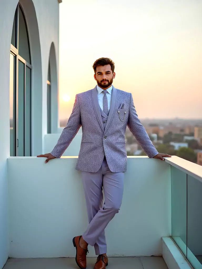 Violet Floral Weaving Jacquard 5 Pc Tuxido Suit - South India Shopping Mall