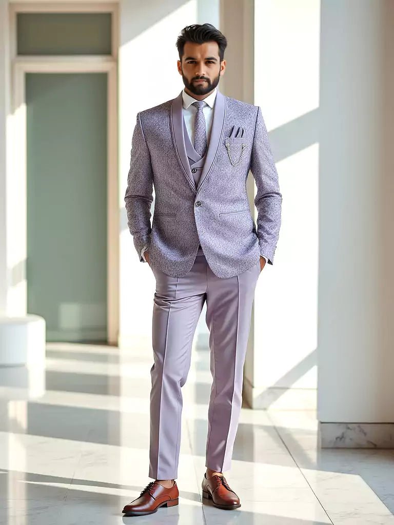 Image of Violet Floral Weaving Jacquard 5 Pc Tuxido Suit - South India Shopping Mall
