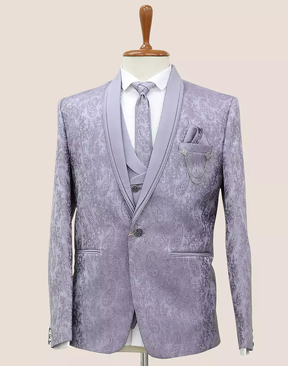 Violet Floral Weaving Jacquard 5 Pc Tuxido Suit - South India Shopping Mall