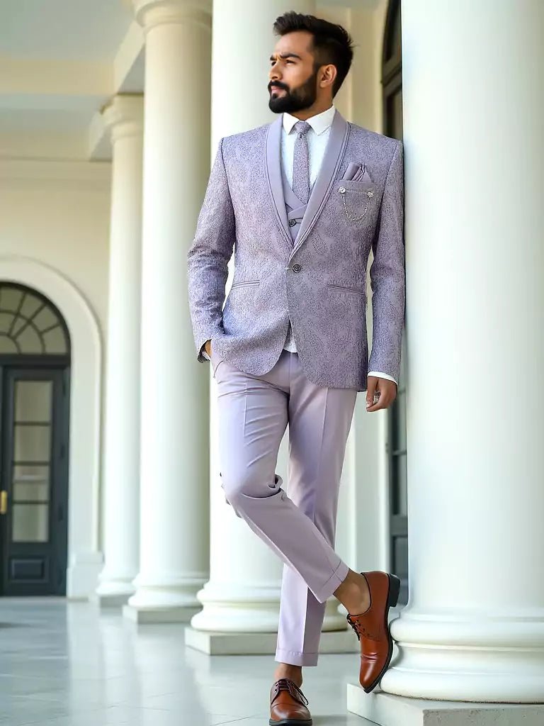 Image of Violet Floral Weaving Jacquard 5 Pc Tuxido Suit - South India Shopping Mall