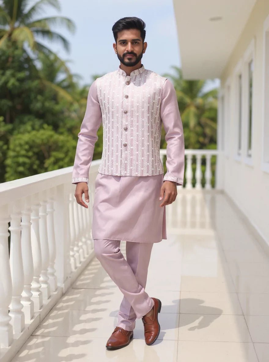 Image of Violet Thread work Cotton Silk Kurta Jacket Set - South India Shopping Mall